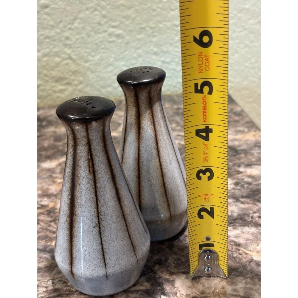 Denby vtg mcm salt pepper shaker set gray brown stripes flaw England made